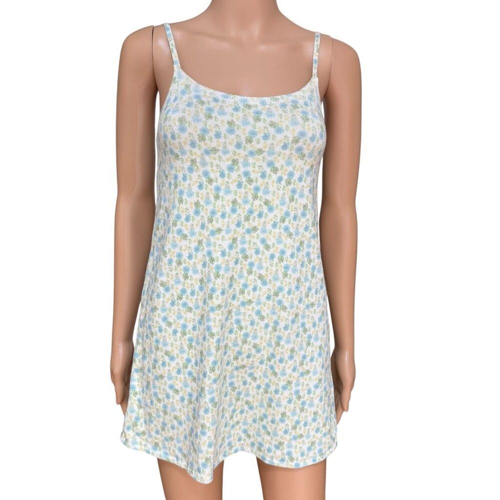 Zara knit mini dress white fabric blue/green floral pattern adjustable straps M